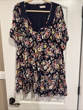 Altar'd State Navy Floral Scoop-Neck Tunic with Pink & Yellow Blooms